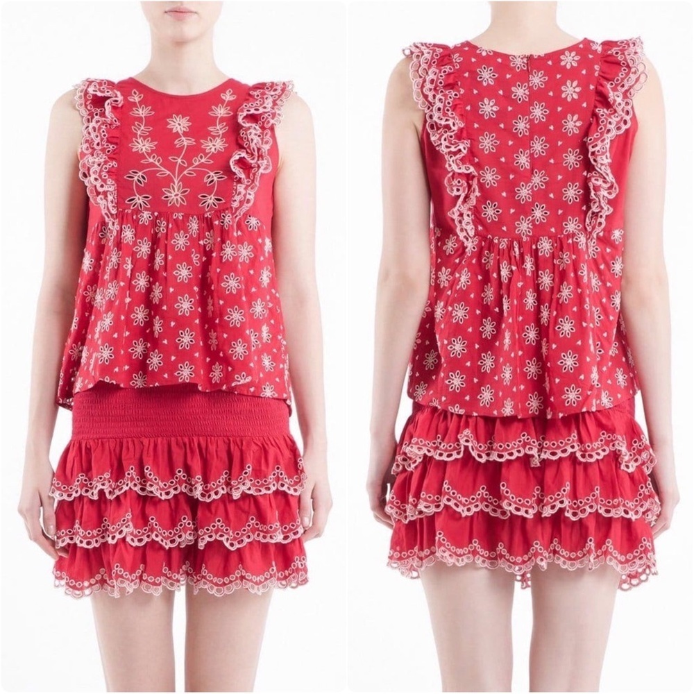 BYTIMO Fleur Anglaise Ruffled Cotton Top Red Sz. Small